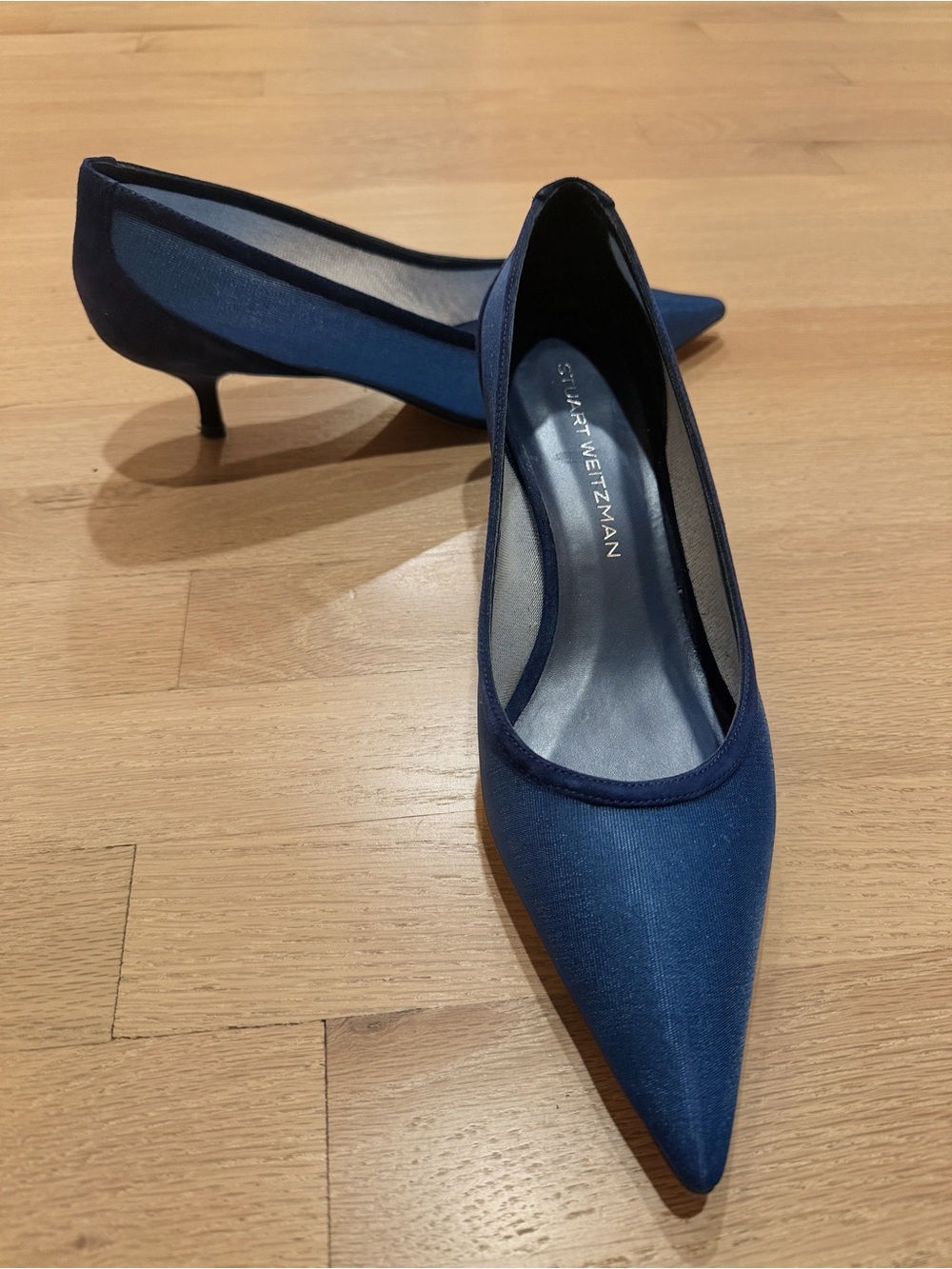 Stuart Weitzman Stuart 50mm Kitten Pump Navy Mesh Suede 10C 10 Wide - Like New
